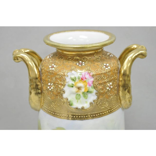 Art Nouveau Antique Nippon Hand Painted Lake Scene Art Nouveau Twin Handle Porcelain Vase For Sale - Image 3 of 15