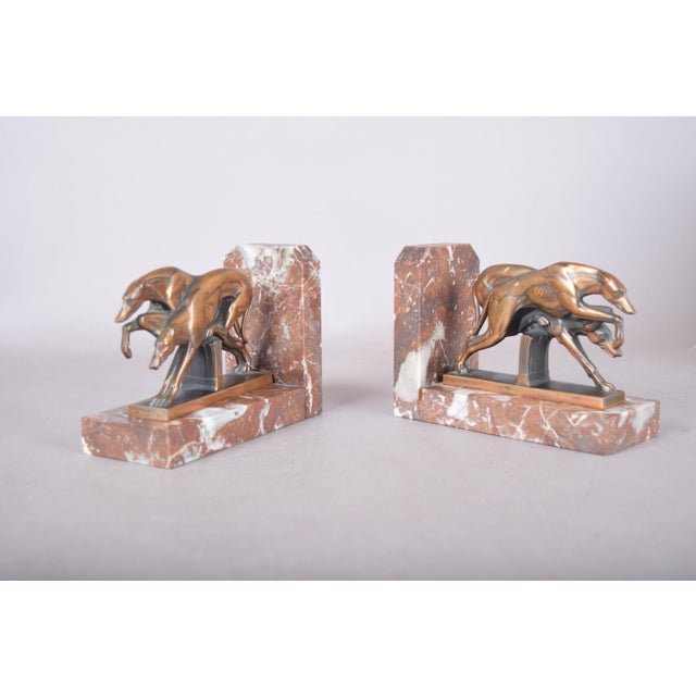 Brown Art Deco Greyhound Bookends in Bronze-Finished Metal on Red Marble, 1930s, Set of 2 For Sale - Image 8 of 8