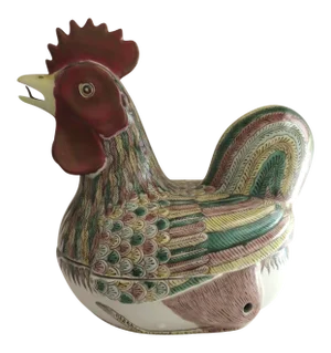Early 20th Century Chinese Famille Vert Rooster Hen Cockerel Chicken Tureen