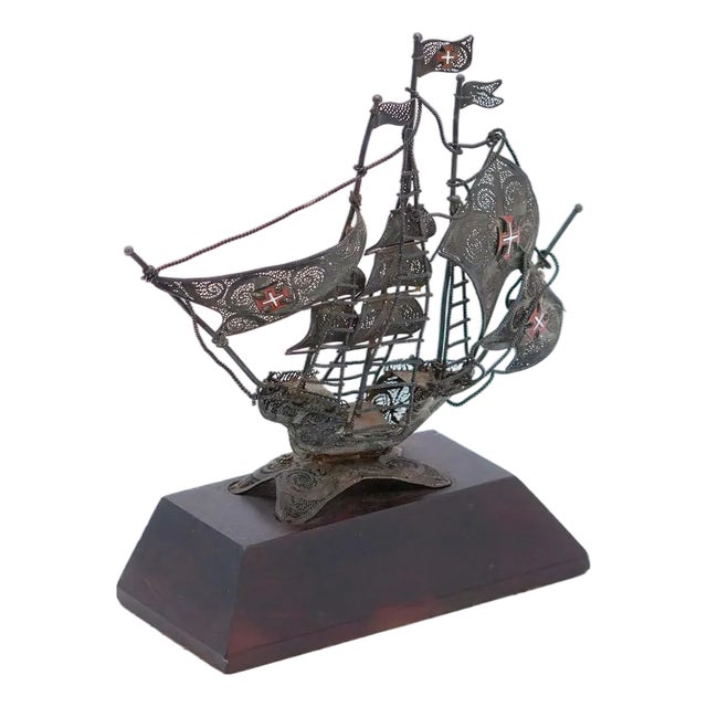 Silver Filigree Caravel with Wooden Base For Sale