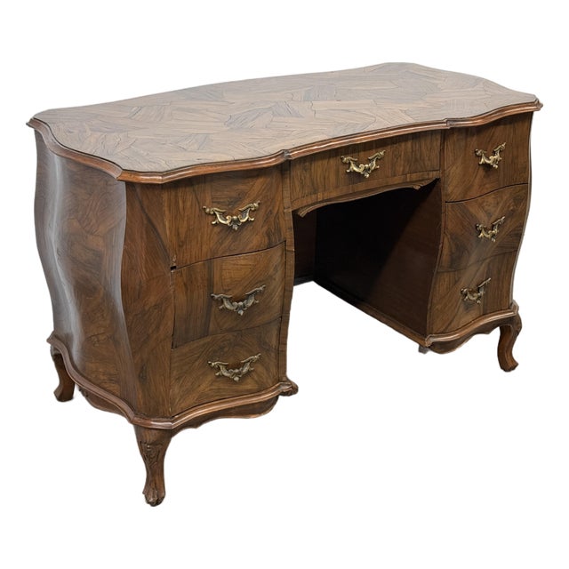 Italian Rococo Bombe Pedestal Desk, Olive Wood For Sale