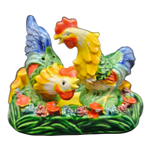 Vintage Majolica Style Japan Rooster & Hen Basket Nest Salt and Pepper Shakers, on Base and Figurals
