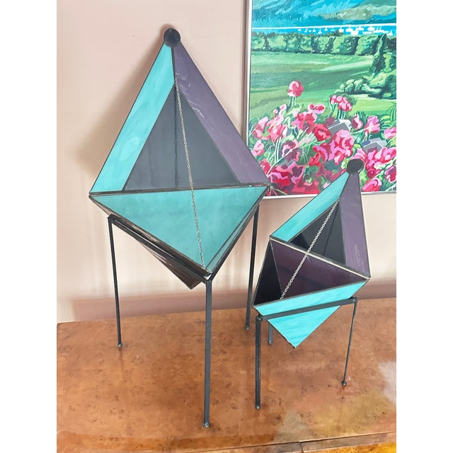 Modern Vintage Post Modern Artist Signed Stained Glass Boxes on Iron Stands Pair For Sale - Image 3 of 4