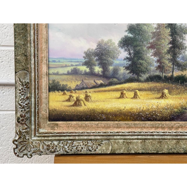 Vintage Painting of Harvest Time in the English Countryside by British Artist 1990 Circa For Sale - Image 13 of 17