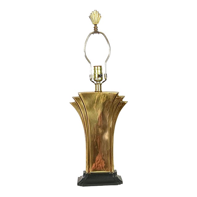 1970s Stiffel-Hollywood Regency Brass Fan/Lotus Black Stepped Base Table Lamp For Sale
