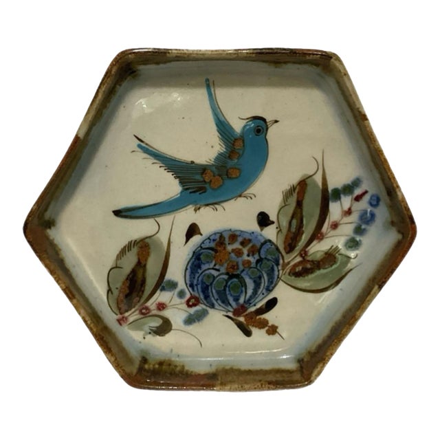 Ken Edwards Hexagonal Dish Hand-Painted Stoneware - Bluebird & "Flor De Tonalá" For Sale