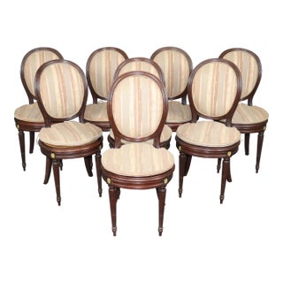 19th C Set 8 French Louis XVI Cane & Upholstered Bronze Mounted Side Chairs For Sale