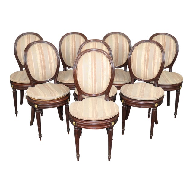 19th C Set 8 French Louis XVI Cane & Upholstered Bronze Mounted Side Chairs For Sale