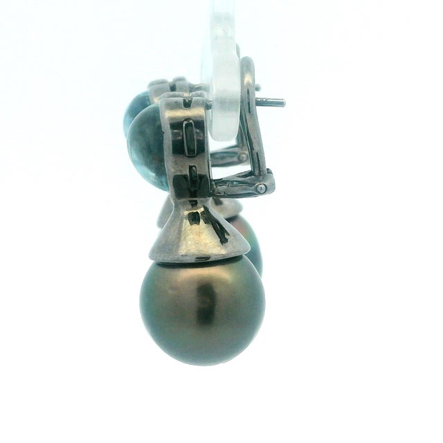 Gemstone 18k Black Rhodium Heart Aquamarine & Black Pearl Drop Earrings, Pair For Sale - Image 7 of 10