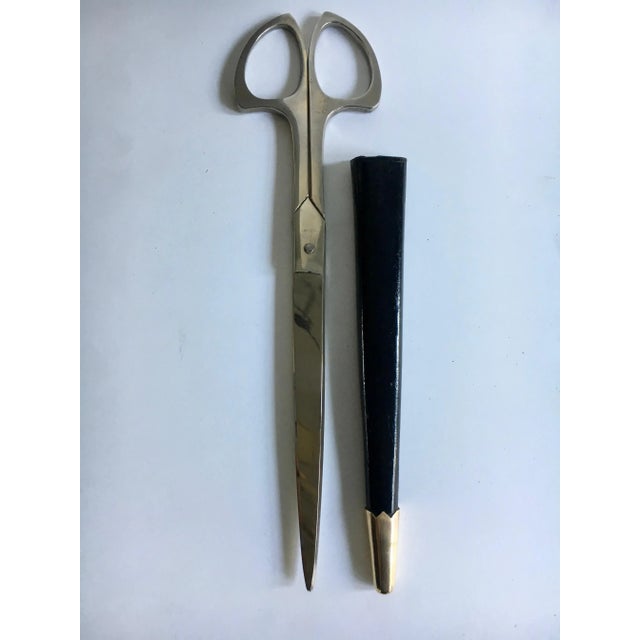 Mid-Century Modern German Desk Scissor Set in Leather and Brass Case For Sale - Image 3 of 7