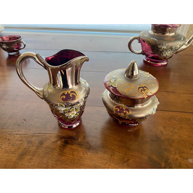 MURANO　 イタリア製 ティーセット Vintage Venetian Murano Cranberry Glass HandPainted 24k Gold