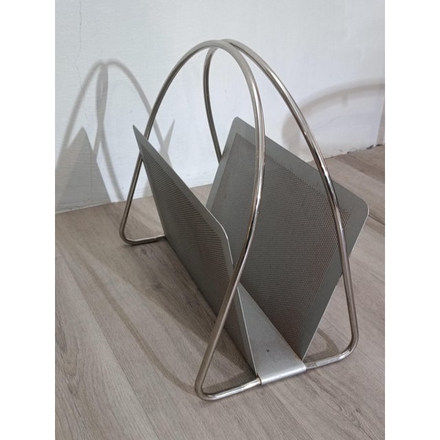 Beautiful Marius magazine and umbrella stand set by Umberto Mascagni. Italy, 1970s. Perforated gray lacquered metal frame....