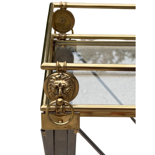 Vintage Maison Jansen Style Hollywood Regency Accent Table | French Neoclassical Brass Lion Head & Paw Feet | Glass Top Side Table For Sale - Image 13 of 15
