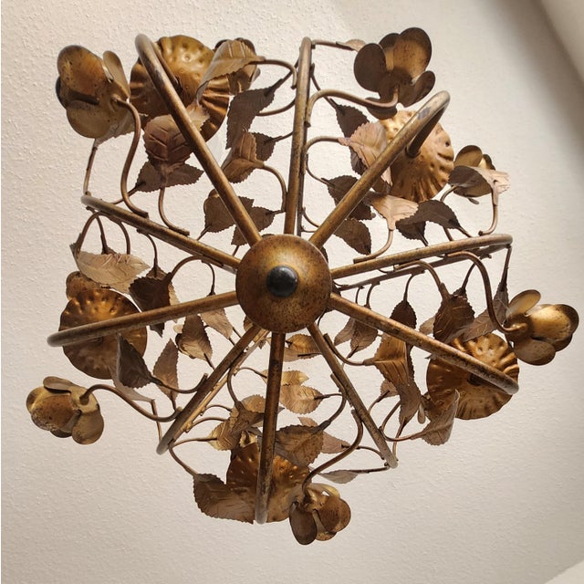 Gold Hollywood Regency 4-Light Floral Chandelier in Hand-Forged Dark Gilt Metal with Rose and Leaf Ornaments, 1960s For Sale - Image 8 of 18