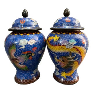 Pair of Small Chinese Cloisonné Enamel Dragon & Phoenix Jars With Lids - 8" Tall For Sale