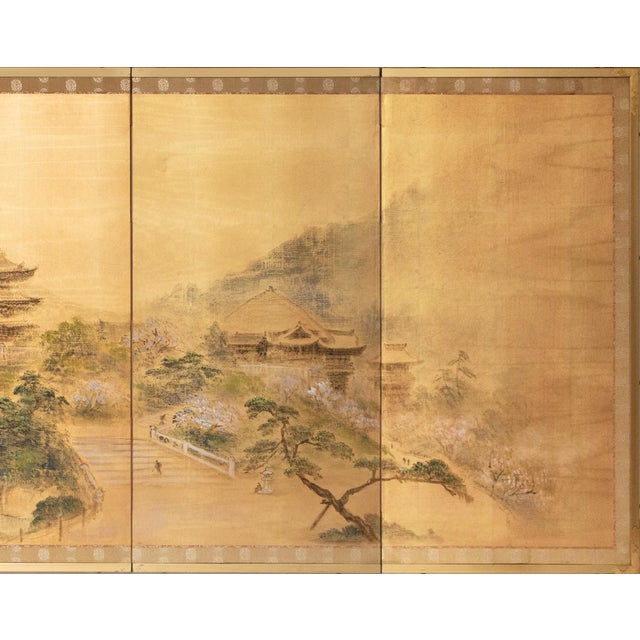 1950s Showa Era Japanese Painted Byobu Screen "Landscape With Temple" For Sale - Image 4 of 17