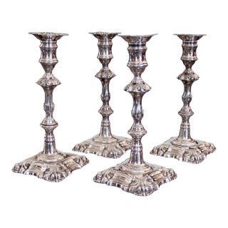 Set of Four Georgian Style English Silver Plate Candlesticks, 19th Century For Sale