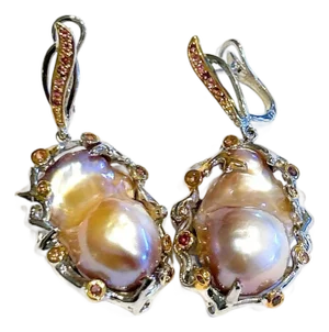 Bochic “Orient” Vintage Multi Sapphire & White Baroque Pearl Earrings Set In 18k