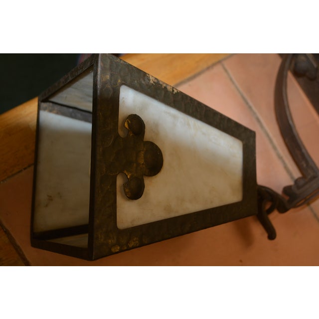 1910s Arts & Crafts Brown Cast Iron / Metal & Slag Glass Hanging Swag Light W/Plug Gothic For Sale - Image 6 of 18