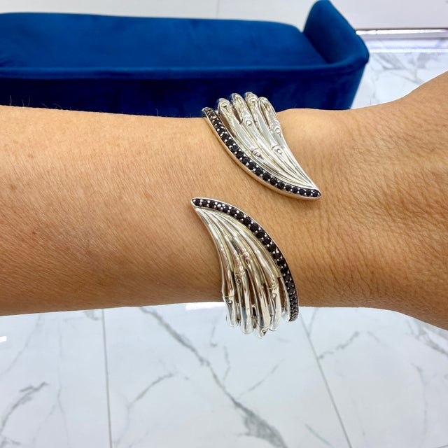 John Hardy Bamboo 925 Silver 1.40ctw Black Sapphires Flex Cuff Bangle Bracelet For Sale - Image 9 of 9