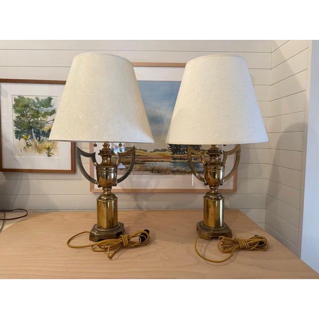 Early 20th Century Pair of Vintage English Brass Trophy Form Winged Urn Lamps For Sale - Image 5 of 16