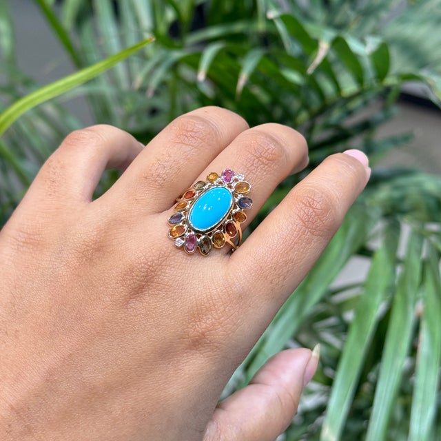 14k Yellow Gold 6.68ct Oval Turquoise Cocktail Ring Size 5.5 With Sapphire & Diamond For Sale In New York - Image 6 of 16