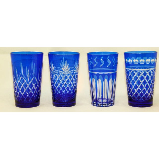 Set of eleven hand made cobalt blue cut to clear crystal drinking rock glasses tumblers highball barware in Baccarat...