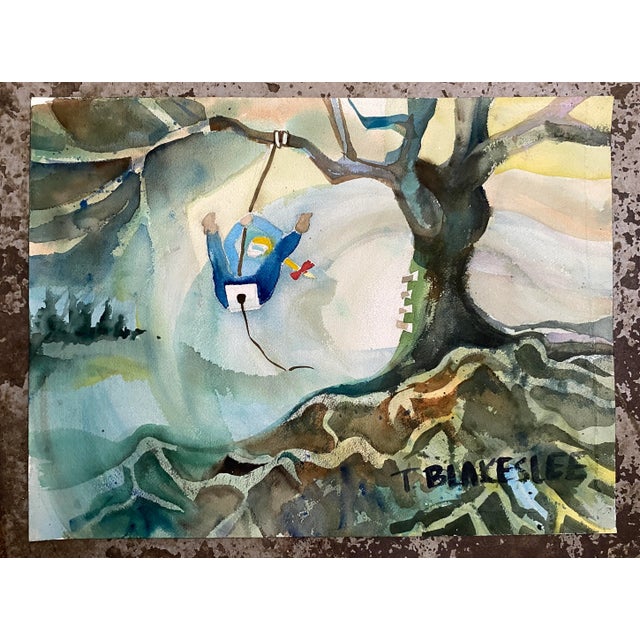 1960s Watercolor on paper girl on a swing in a modern landscape by artist Tina Blakeslee. Signed lower right.