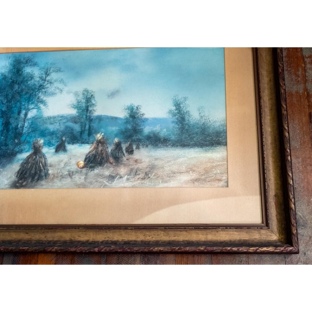 Wood 19th Century American Pastel Moonlit Nocturne Pastural Landscape With Haystacks For Sale - Image 7 of 16