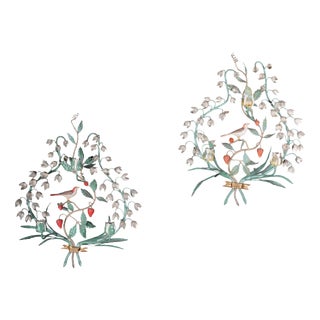 Antique Painted Wrought Iron Wall Candleholders with Lily of the Valley, Set of 2 For Sale