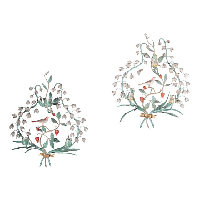 Antique Painted Wrought Iron Wall Candleholders with Lily of the Valley, Set of 2 For Sale