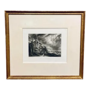 Antique Black and White Engraving Landscape of “Mill Near Colchester” by John Constable