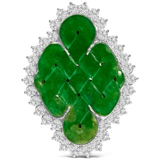 18K White Gold 2.00 Cttw Diamond Halo and Jade Shield Brooch Pin and Pendant (G-H Color, VS1-VS2 Cla For Sale