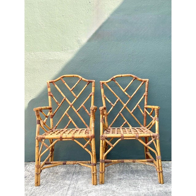 Vintage Chinese Chippendale Rattan Dining Chairs - A Pair For Sale - Image 9 of 12
