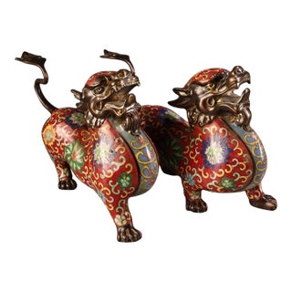 Pair of Antique Cloisonné Enamel Pixiu Statues, Mythical Beast Figures, 2.6kg Each For Sale
