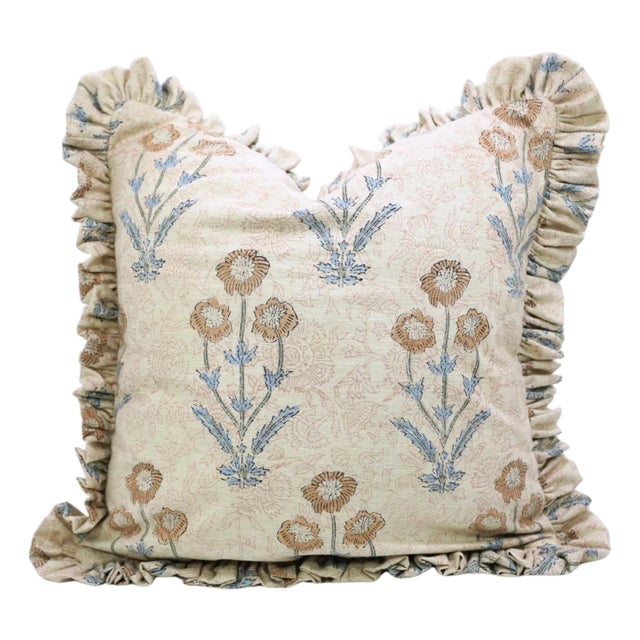 Block Print Boho Frill Pillow Cover Handmade Linen, Double-Sided Floral, Decorative Throw Cushion for Home 12x20 Inch -Amitab For Sale