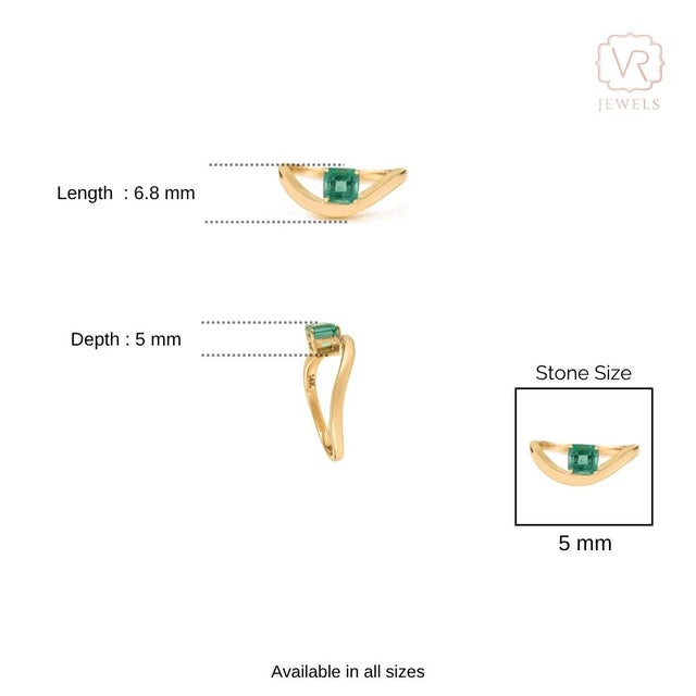 VRJewels Square-Cut Solitaire Emerald Wave Band Ring Size 5.5 in 14k Yellow Gold For Sale - Image 9 of 14