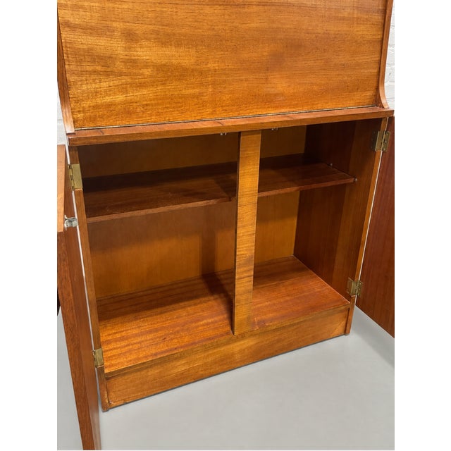 Mid Century Modern Teak Bar Cabinet | Mirrored Home Bar With Drop-Down Serving Surface, C. 1960’s For Sale - Image 12 of 14