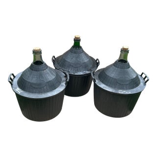 Mid 20th Century Original Ambrosio Three-Piece Glass 14 Gallons Demijohn & Carboys in a Plastic Basket Italy For Sale
