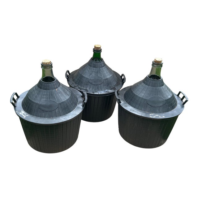 Mid 20th Century Original Ambrosio Three-Piece Glass 14 Gallons Demijohn & Carboys in a Plastic Basket Italy For Sale