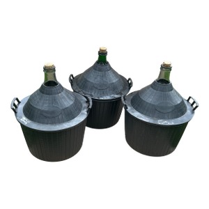 Mid 20th Century Original Ambrosio Three-Piece Glass 14 Gallons Demijohn & Carboys in a Plastic Basket Italy