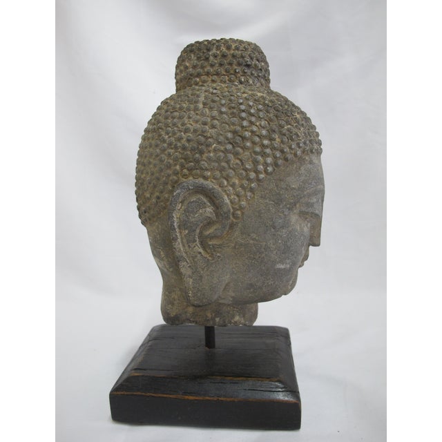 Antique Thai Carved Stone Ayutthaya Style Buddha Head Sculpture on Stand For Sale In Portland, OR - Image 6 of 10