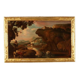 Flemish School, Landscape Painting with Shepherds and Herds, 18th Century, Oil on Canvas For Sale
