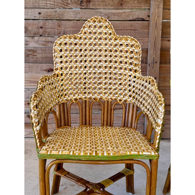 Vintage French-Style Rattan Bistro Side Arm Chairs With Handwoven Cane – Pair For Sale - Image 9 of 12