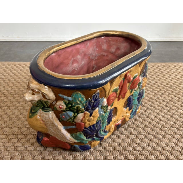 Italian 1980s Large Vintage Majolica Style Planter Cachepot With Rams For Sale - Image 3 of 9