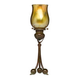 Antique Tiffany Studios Tripod Candlestick With Feather Favrile Glass Shade For Sale