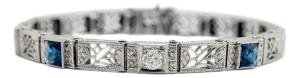 Early 20th Century Antique Art Deco 14k White Gold Old European Cut Diamond Sapphire Link Bracelet