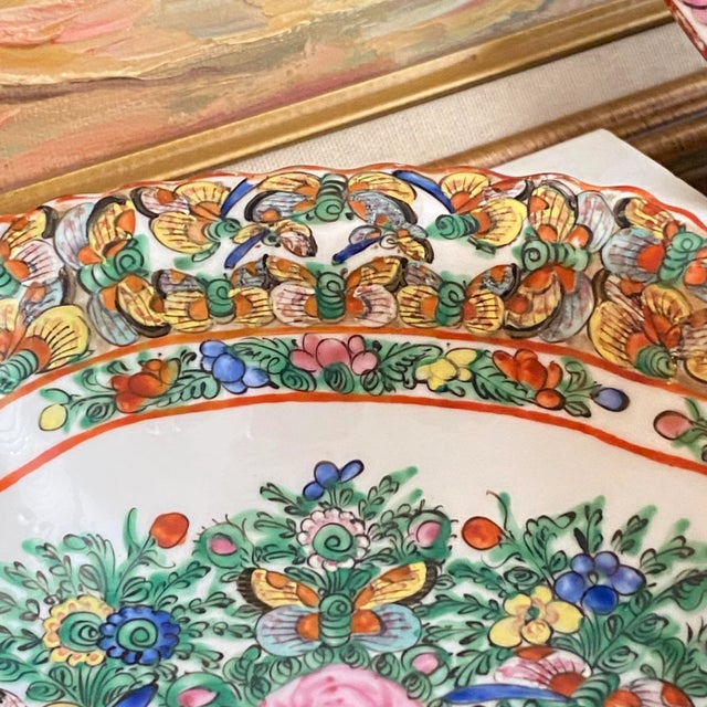 Chinoiserie Vintage 1920s Chinoiserie Famille Rose Thousand Butterflies China Oval Bowl For Sale - Image 3 of 10