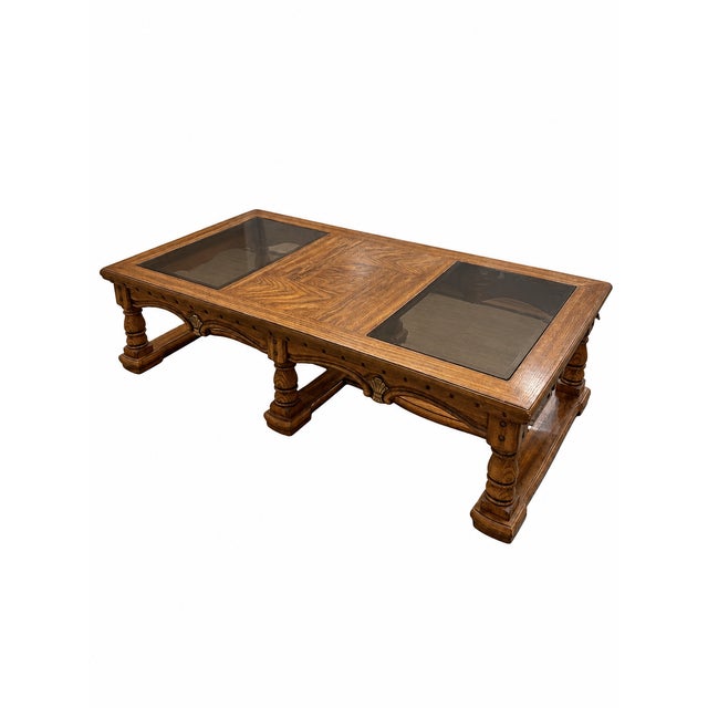 Vintage Mediterranean Revival Parquet-Pattern Wood and Smoked Glass Coffee Table For Sale - Image 4 of 18