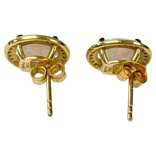 10 Karat Yellow Gold With Oval Opal and Diamond Stud Earrings a Pair For Sale - Image 4 of 9
